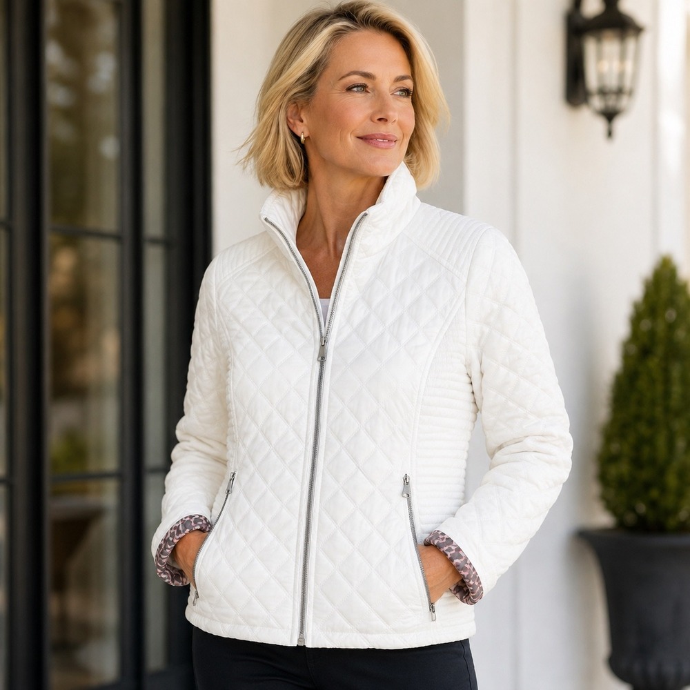 Marc New York Andrew Marc Women's L White Quilted Moto Jacket Floral Lined